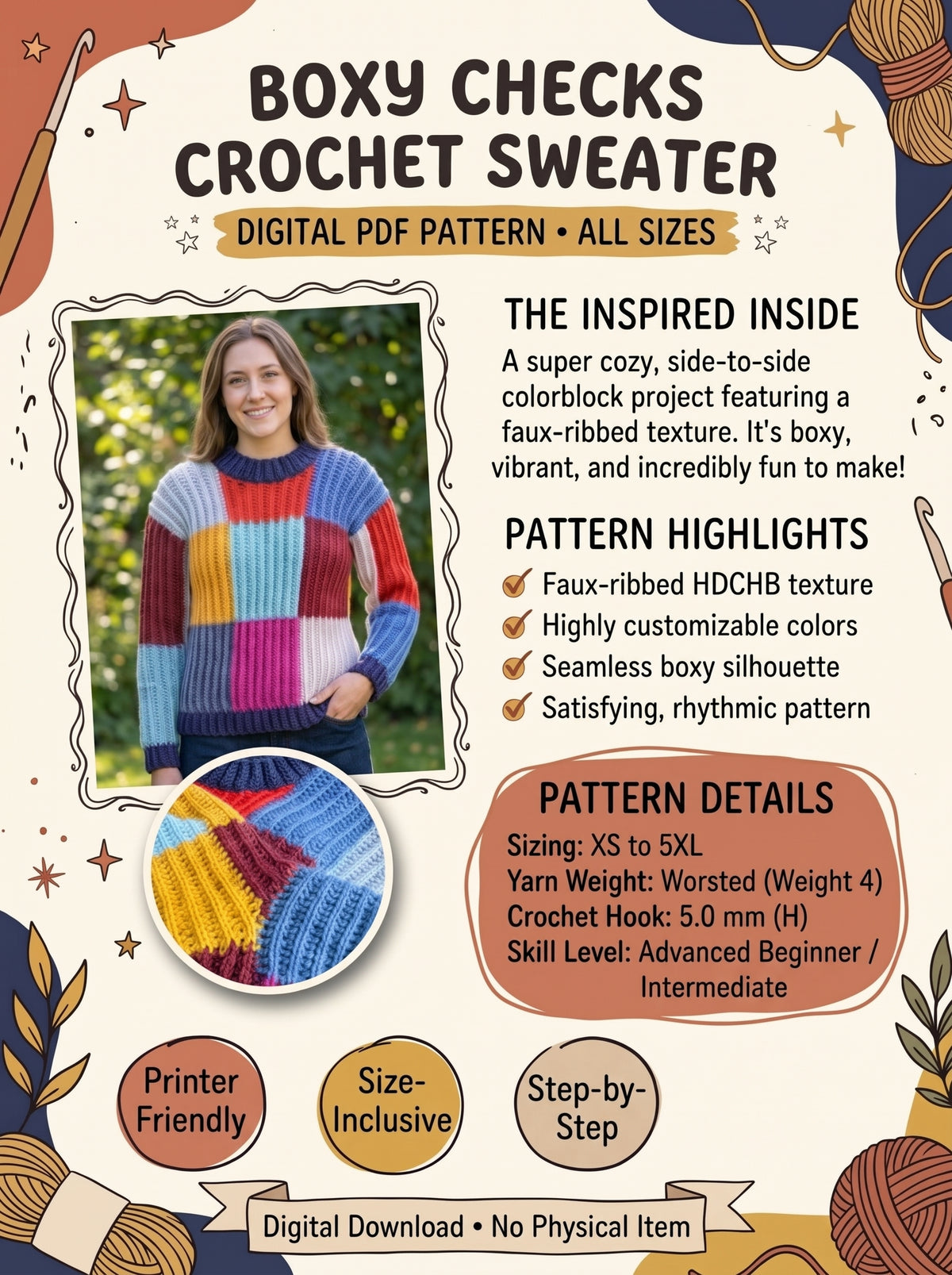 Boxy Checks Crochet Sweater Pattern – Colorblock Patchwork Pullover PDF (XS/S–4/5XL) | Crochety Pattern