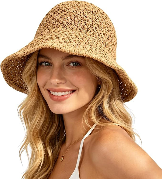 Sun Hat for Women Summer Straw Beach Hats Floppy Crochet Hat UV Protection Foldable Packable