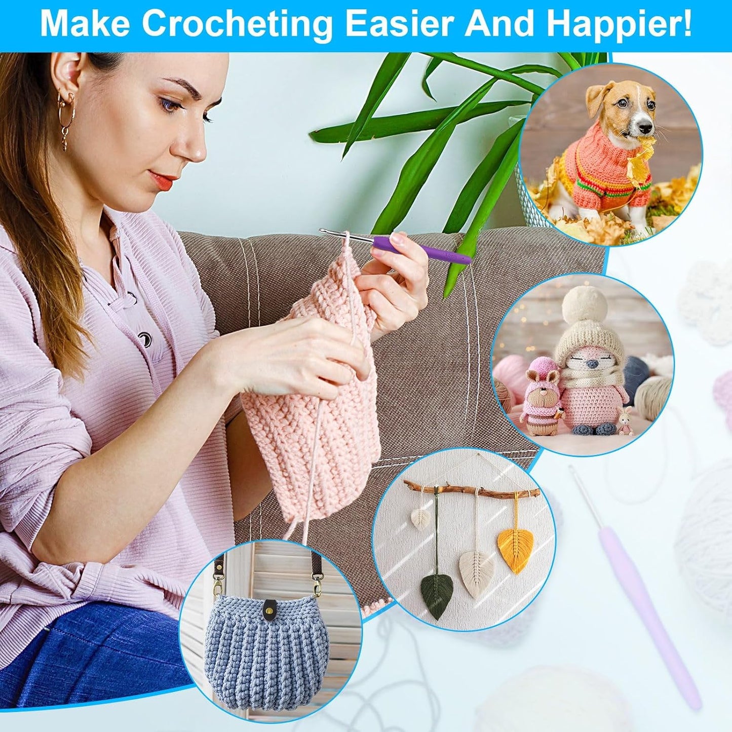 Crochet Hooks 12 Sizes Crochet Hook Set Knitting Needles with Ergonomic Handles with Blue Case