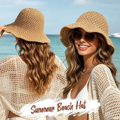 Sun Hat for Women Summer Straw Beach Hats Floppy Crochet Hat UV Protection Foldable Packable