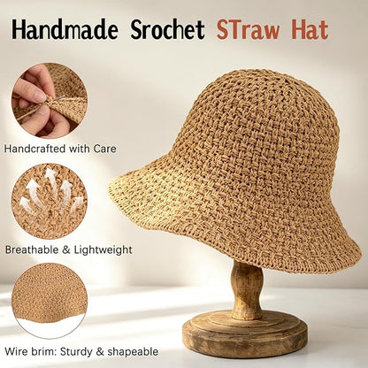Sun Hat for Women Summer Straw Beach Hats Floppy Crochet Hat UV Protection Foldable Packable