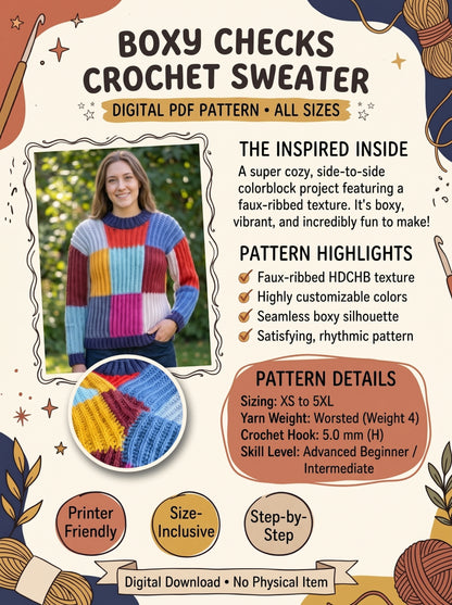 Boxy Checks Crochet Sweater Pattern – Colorblock Patchwork Pullover PDF (XS/S–4/5XL) | Crochety Pattern