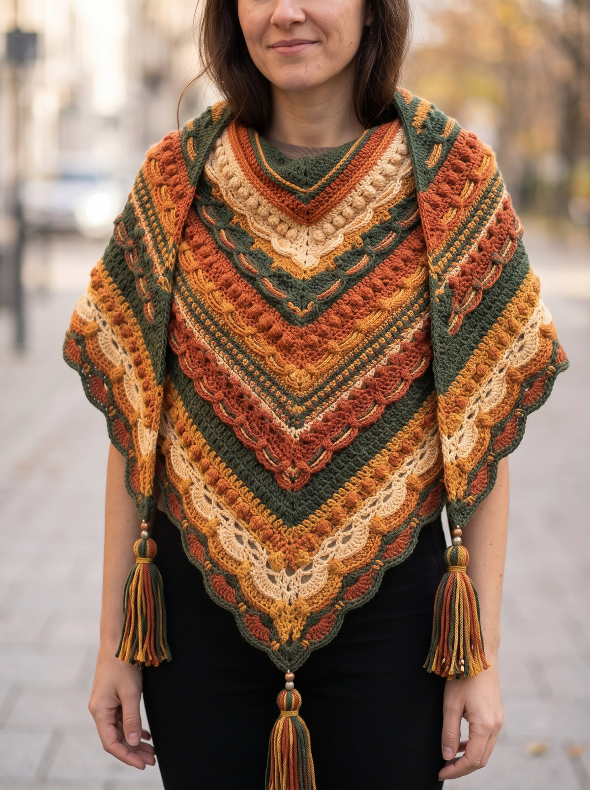 Triangle Crochet Shawl Pattern – Popcorn & Shell Border - crochety pattern