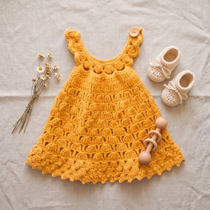 Crochet Baby Dress Pattern PDF – Lacy Halter Dress with Picot Shells & Ruffled Skirt (Sizes 6–12 Months to 5–6 Years)