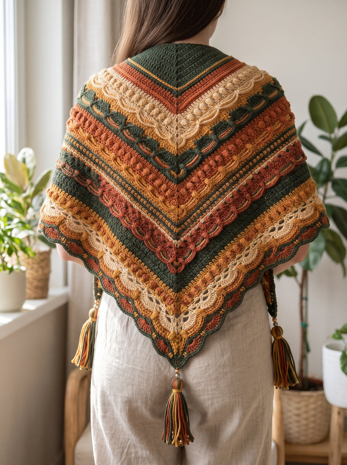 Triangle Crochet Shawl Pattern – Popcorn & Shell Border - crochety pattern