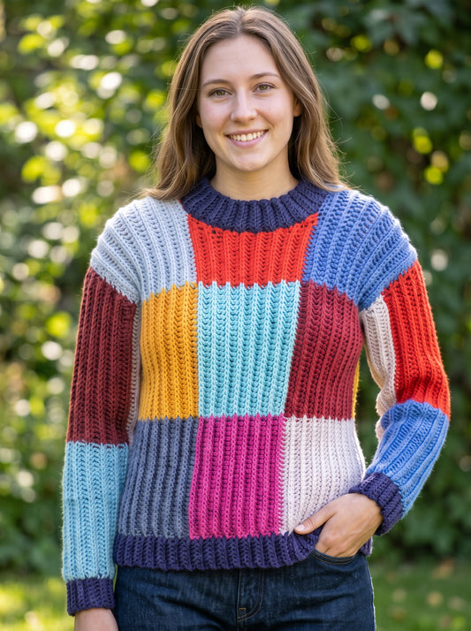 Boxy Checks Crochet Sweater Pattern – Colorblock Patchwork Pullover PDF (XS/S–4/5XL) | Crochety Pattern