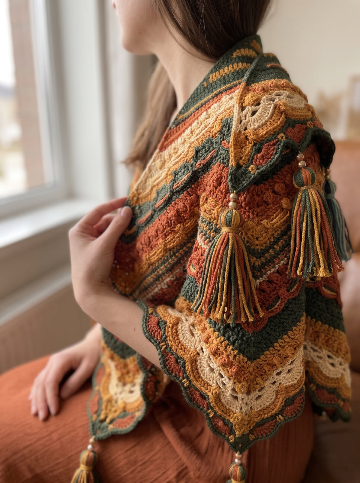 Triangle Crochet Shawl Pattern – Popcorn & Shell Border - crochety pattern