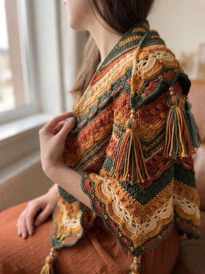 Triangle Crochet Shawl Pattern – Popcorn & Shell Border - crochety pattern