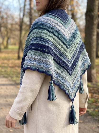 Triangle Crochet Shawl Pattern – Popcorn & Shell Border - crochety pattern