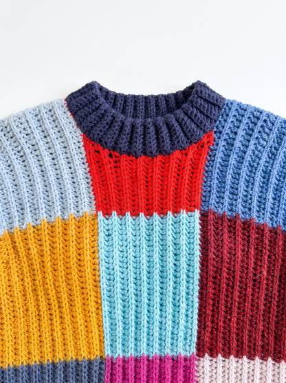 Boxy Checks Crochet Sweater Pattern – Colorblock Patchwork Pullover PDF (XS/S–4/5XL) | Crochety Pattern