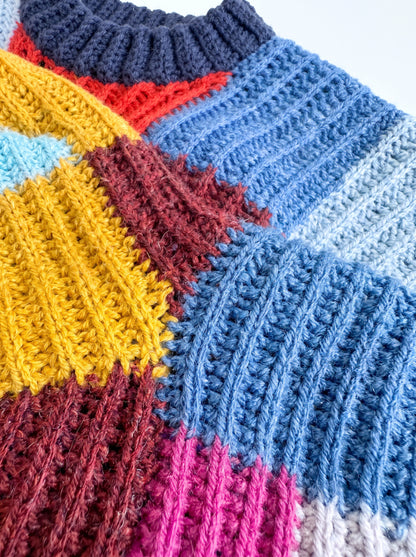 Boxy Checks Crochet Sweater Pattern – Colorblock Patchwork Pullover PDF (XS/S–4/5XL) | Crochety Pattern