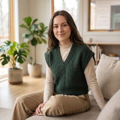 Split V-Neck Forest Green Knitted Vest Pattern - crochety pattern