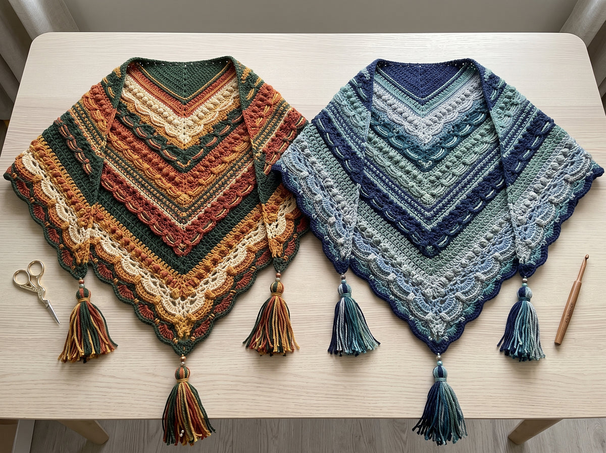 Triangle Crochet Shawl Pattern – Popcorn & Shell Border - crochety pattern
