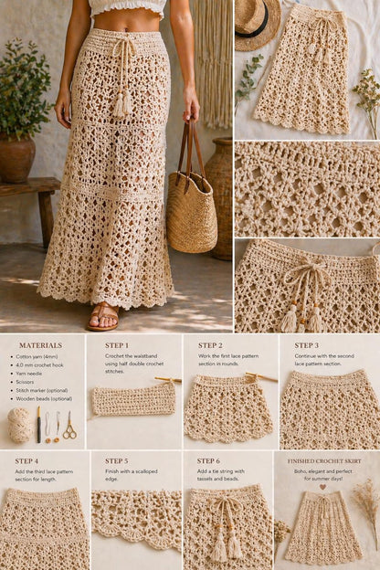 Summer Lace Maxi Skirt Crochet Pattern Beach Cover Up - Crochety