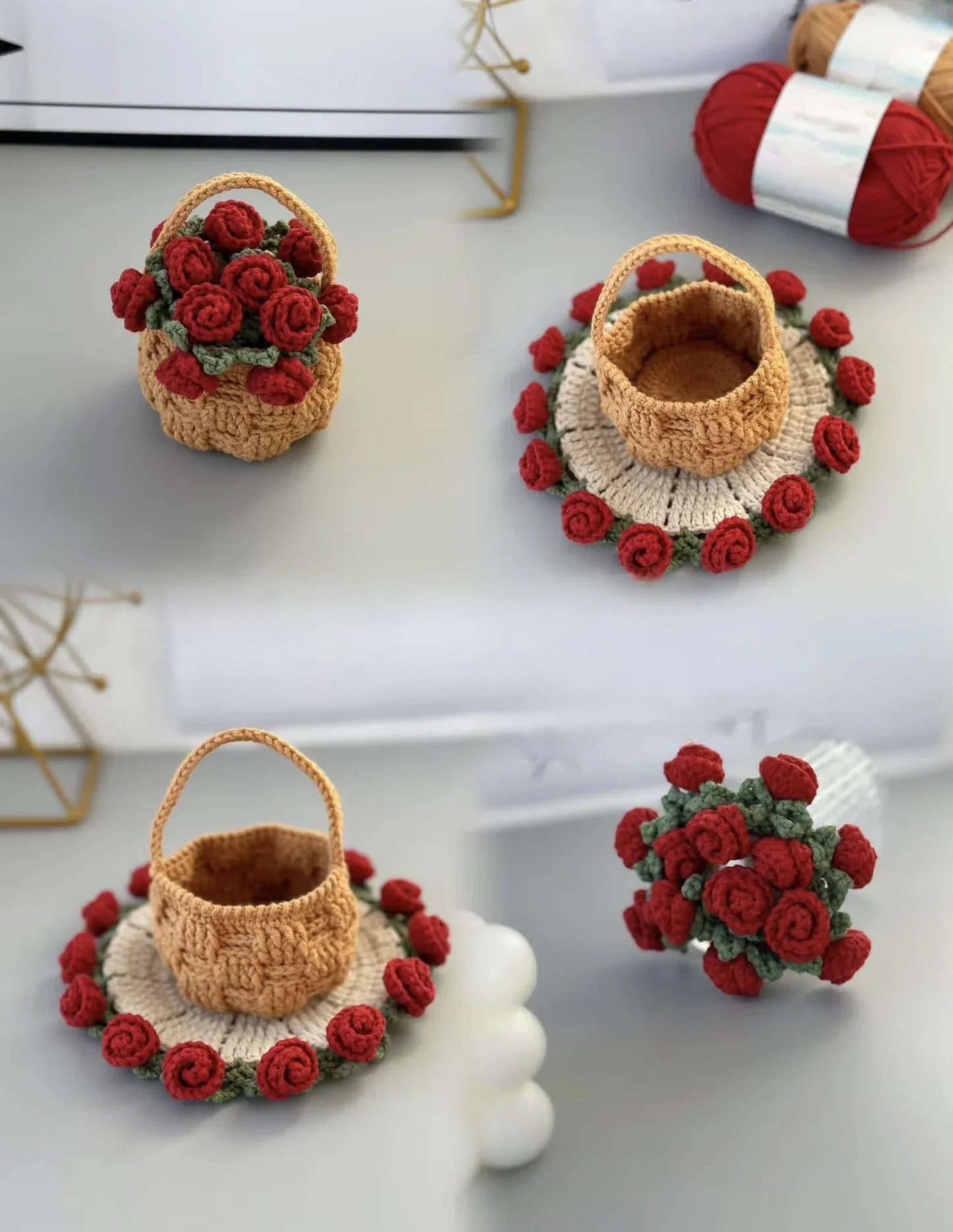 Rose Coaster & Flower Basket Crochet Pattern 5 languages - Crochety