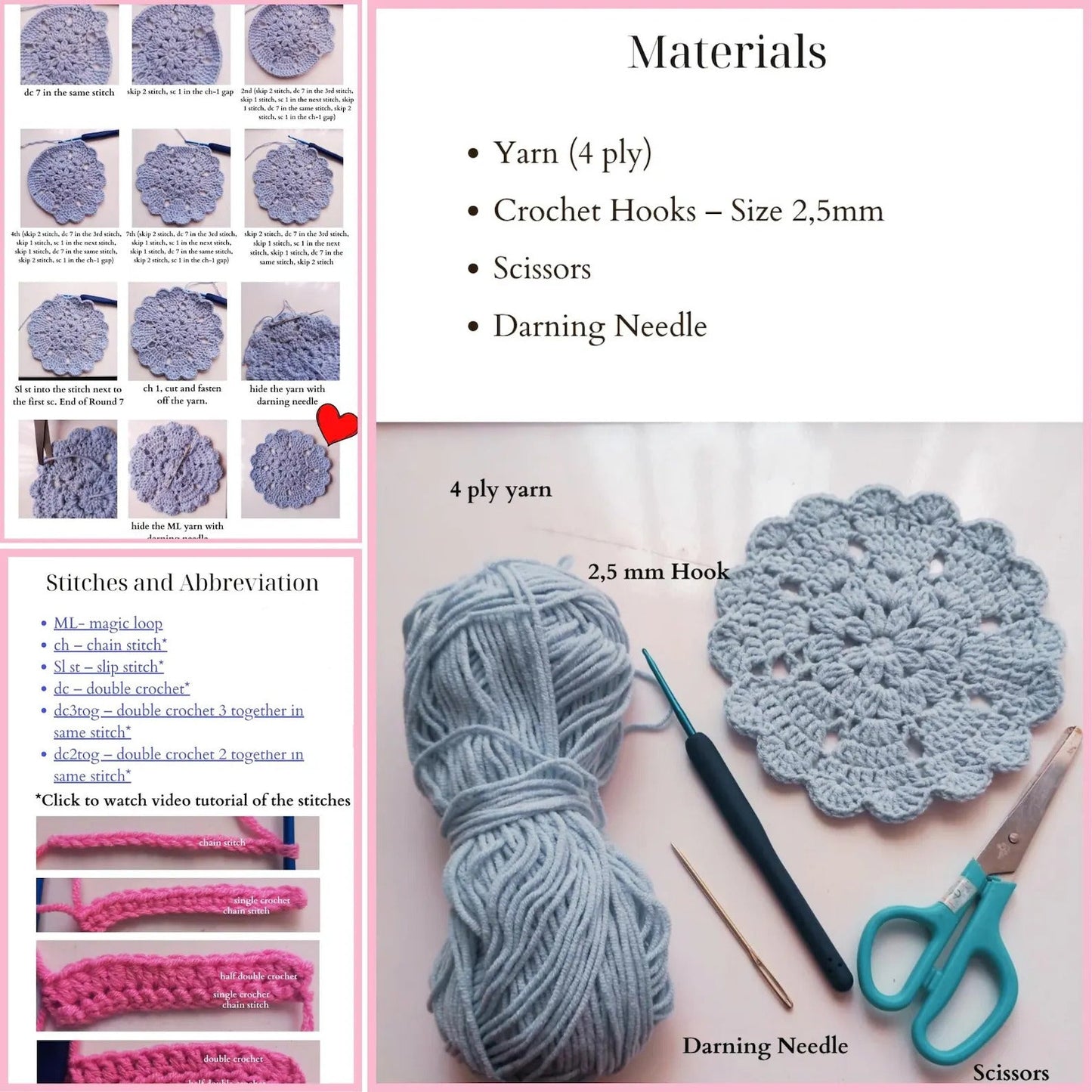 Crochet Heart & Flower Coaster Pattern Easy DIY House Decor - Crochety