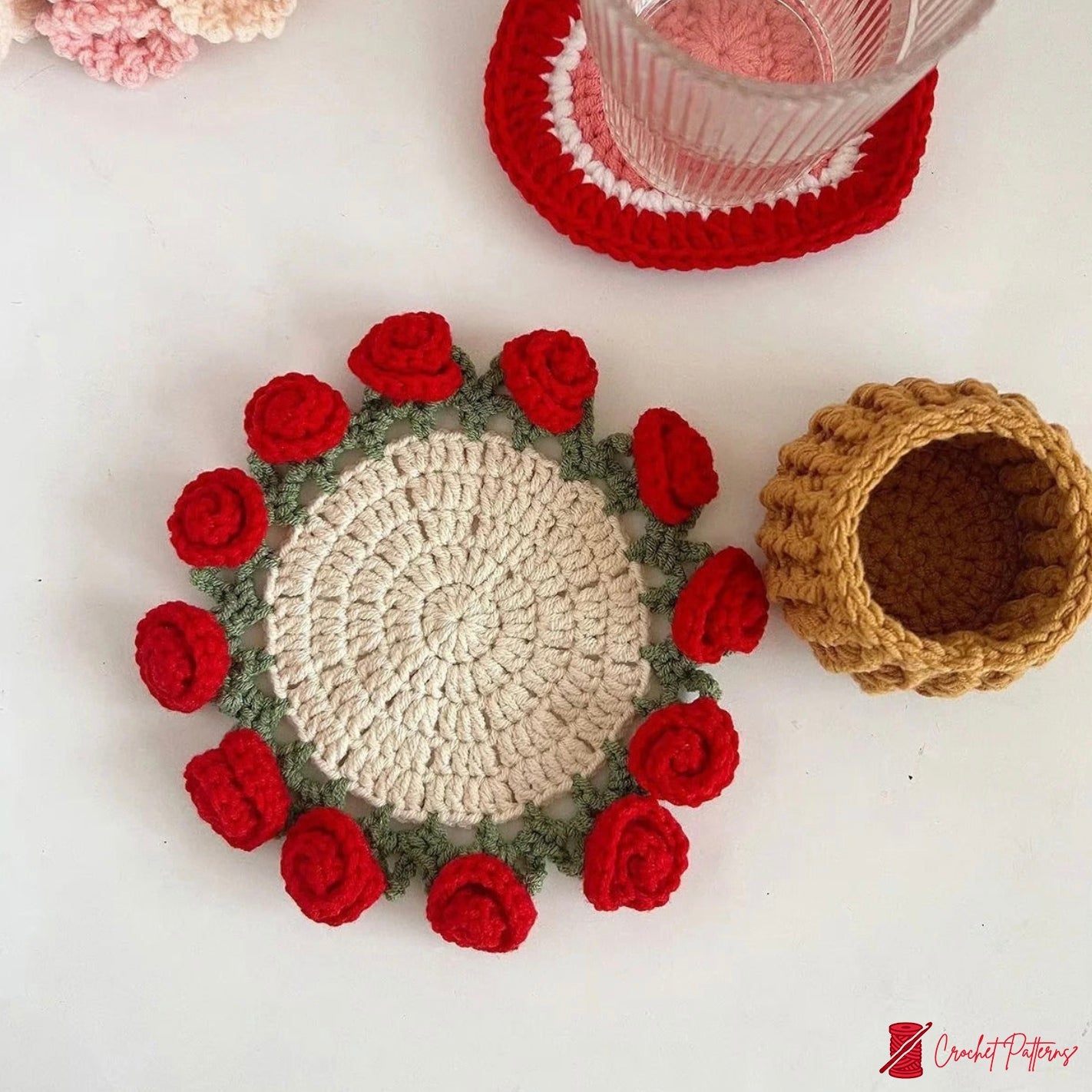 Rose Coaster & Flower Basket Crochet Pattern 5 languages - Crochety
