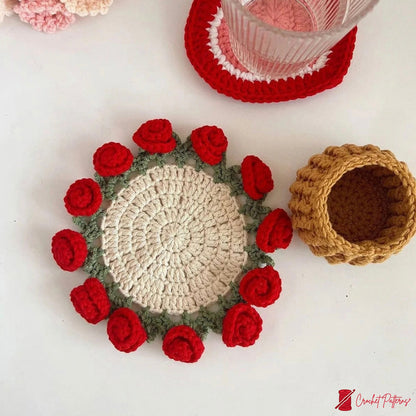 Rose Coaster & Flower Basket Crochet Pattern 5 languages - Crochety