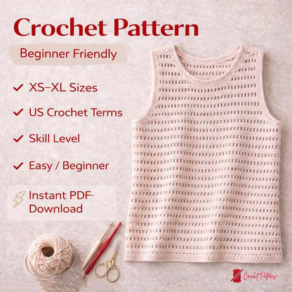 Top Summer Crochet Pattern Sleeveless Tank XS–XL PDF - Crochety
